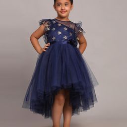 Toy Balloon Kids Net Flutter Sleeves Shimmer Star Detailed High Low Dress - Navy Blue-image-87