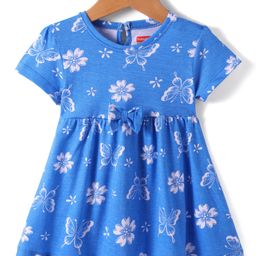 Babyhug Single Jersey Knit Half Sleeves Frock with Floral Print & Bow Applique - Blue-picture-42