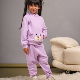 Budding Bees Full Sleeves Bear Detailed Hoodie & Joggers Set  - Purple-image-12