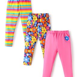 Babyhug Interlock Knit Full LengthStriped & FloralPrinted Diaper Leggings Pack of 3 - Pink Navy & Yellow-picture-35