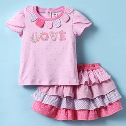 ToffyHouse Knit Half Sleeves Top & Skirt Set With Love Embroidery & Heart Print - Pink-image-62