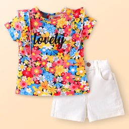Babyhug Single Jersey Knit Half Sleeves Top & Denim Shorts Set with Floral Print & Frill Detailing - White-image-13