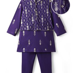 EARTHY TOUCH Single Jersey Knit Full Sleeves Kurta Dhoti Set with Floral Foil Print & Lace Detailing - Purple-image-85