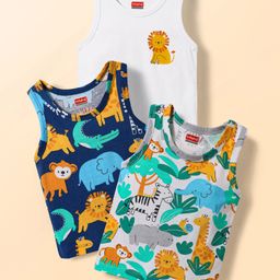 Babyhug 100% Cotton Single Jersey Knit Antibacterial Sleeveless Sando Vests with Animal Print Pack of 3 - Multicolor-image-74