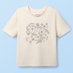 Kookie Kids Knit Half Sleeves Ribbed Top With Sea Animals Print - Beige-image-83