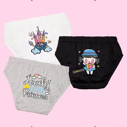 NUSYL Cotton Pack Of 3 Cute Girl & Castle Printed Panties - White Grey & Black-image-70