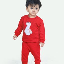 Ariel Pure Cotton Full Sleeves Bird Embroidered Tee & Pajama Set - Red-picture-26