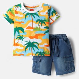 Babyhug Single Jersey Knit Half Sleeves T-Shirt & Shorts Sets with Beach Theme Print - Blue & Yellow-image-84