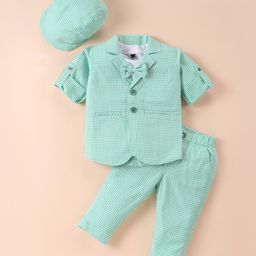 Rikidoos Full Sleeves Checked Blazer With Solid Tee & Coordinating Pant Cap & Attached Bow Set - Sea Green & White-image-32