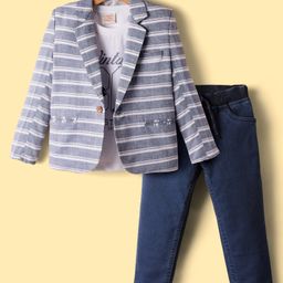 Rikidoos Vintage 86 Text Printed Tee & Pant With Full Sleeves Striped Blazer Set - Light & Navy Blue-image-48