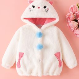 Mark & Mia Full Sleeves Fur Hooded Winter Jacket With Kitty Embroidery & Bow Applique - Cream-picture-37