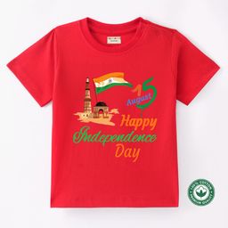 BLUSHES 100% Cotton Knit Independence Day Theme Half Sleeves 15 August Happy Independence Day Text Printed Tee - Red-image-87