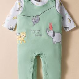 ToffyHouse Knit Full Sleeves Animal Printed T-Shirt & Dungaree Style Romper - White & Sea Green-picture-21