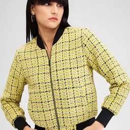 SPYKAR Women Geometric Checked Bomber Jacket-picture-3