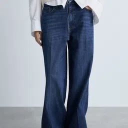 MANGO Women Pure Cotton Wide Leg Light Fade Jeans With Fabric Belt-image-21