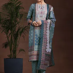 Libas Floral Printed Keyhole Neck Straight Kurta With Trousers & Dupatta-28