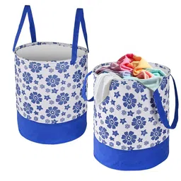 Kuber Industries Blue & White 2 Pieces Floral Printed Foldable Laundry Bag 45L Each-image-78