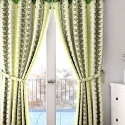 Cortina Off-White & Green Set of 2 Fancy Valance Floral Printed Long Door Curtains-11