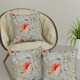 Trance Home Linen Green & Peach-Coloured Set of 3 Floral Square Cushion Covers-2