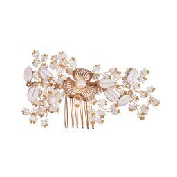 Saraf RS Jewellery White & Gold Toned Enamelled Pearl Beaded Bridal Comb Pin-image-65