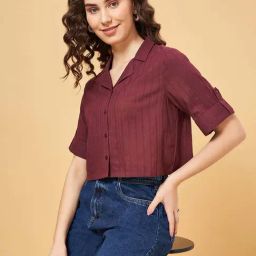 YU by Pantaloons Maroon Cotton Striped Cropped Shirt-image-30