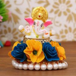 eCraftIndia Lord Ganesha Idol on Decorative Handcrafted Plate with Yellow and Blue Flowers-image-47