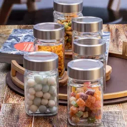 Goodhomes Transparent & Silver Glass Storage Jar With Lid - Set of 6-22