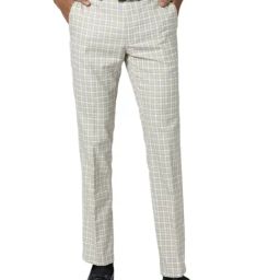 Peter England Beige Slim Fit Checks Flat Front Trousers-image-23