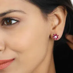925 Silver Red Ruby and American Diamond Flower Stud Earrings for Women & Girls-image-35