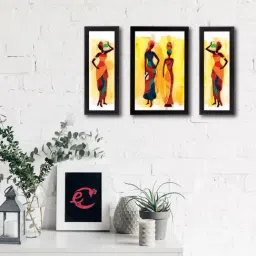 eCraftIndia Set of 3 Tribal Lady Satin Matt Texture UV Art Painting-43