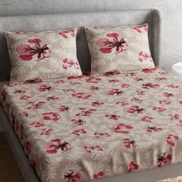 Petal Home Poinciana Floral Beige 300 TC Cotton Queen Size Bed Sheet with 2 Pillow Covers-image-64