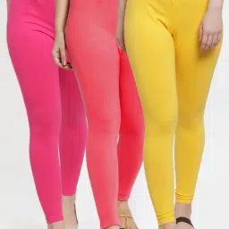 Gracit Yellow & Peach Mid Rise Leggings - Pack Of 3-image-73