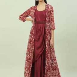 Biba Maroon Printed A Line Kurta With Jacket-image-17