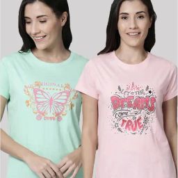 Kryptic Green & Pink Printed Cotton T-Shirt - Pack of 2-image-50