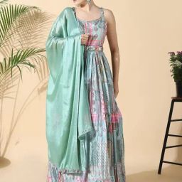 SHOWOFF Green Cotton Silk Graphic Kurta With Dupatta And Belt-image-3