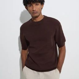 Ascot by Westside Dark Brown Knitted Relaxed-Fit Cotton-Blend T-Shirt-image-32