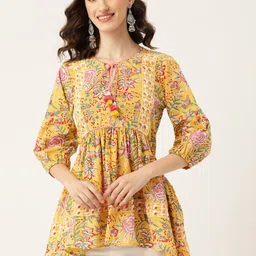 Jaipur Morni Yellow & Pink Pure Cotton Ethnic Motifs Print Tie-Up Neck Top-picture-9