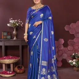 Elora Royal Blue Silk Blend Floral Banarasi Saree with Unstitched Blouse-image-50