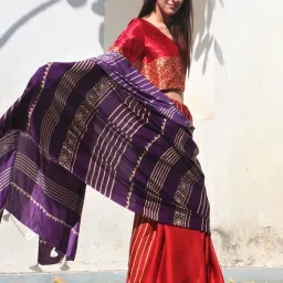 Chidiyaa Purple & Red Block Printed Modal Silk Saree image 3