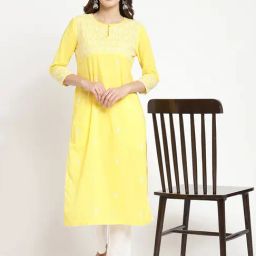 Savi Yellow Cotton Straight Embroidered Kurta kurtis-picture-14