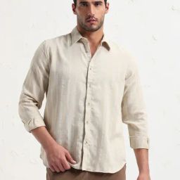 SHOW OFF Cream Cotton Slim Fit Stripes Shirt-image-10