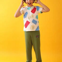 Anthrilo Boys White & Olive Cotton Regular Fit Printed Joggers Set-image-80
