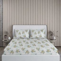 Boutique Living Riviera Blue Cotton 150 TC King Flat Bed Sheet With 2 Pillow Covers-image-100