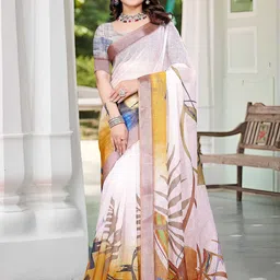 ZILVIRA Floral Print Zari Pure Linen Block Print Saree-2