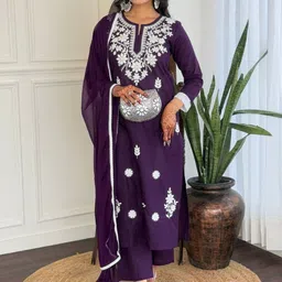 CANBIA Floral Embroidered Notch Neck Thread Work Pure Cotton Kurta With Trousers & Dupatta-image-8