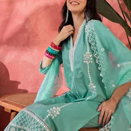 Sangria Women Embroidered Straight Kurta With Trouser & Dupatta-image-44