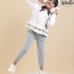 Babyoye Winter Wear Cotton Full Sleeves Hooded Polka Dot Top & Jogger Pant- White Light Grey-image-53