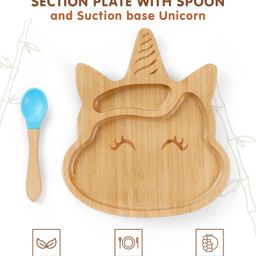 Unicorn Shaped Bamboo Wooden 2 Compartment Section Plate with Spoon - Blue-2