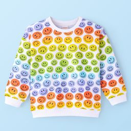 Babyhug Cotton Knit Full Sleeves Drop Shoulder Sweatshirt With Smiley Print - White-image-39