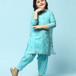 BIBA Full Sleeves Floral Foil Printed Straight Kurta Suit Set - Turquoise Blue-image-3